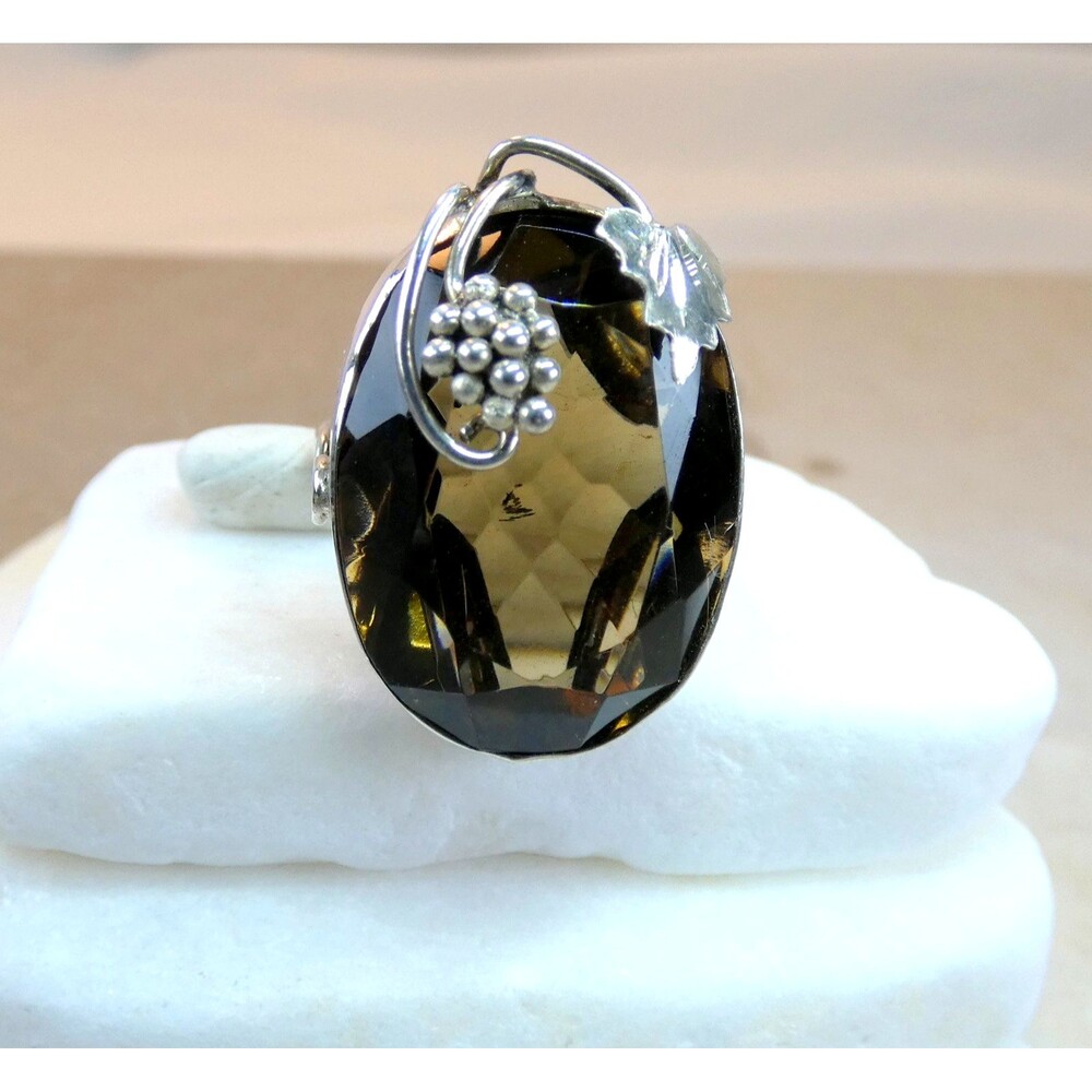 Sterling Silver Grapes & Vines Brown Oval Stone CZ Ring Sz 7